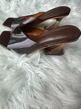 Brown Clear Strap Slide Kitten Heels